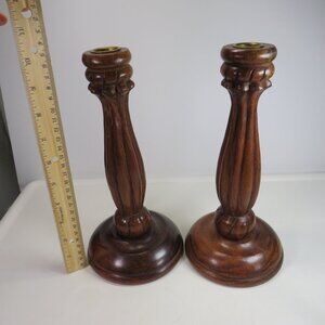 Vintage Real Wood Carved (2) Candlesticks 10" tall